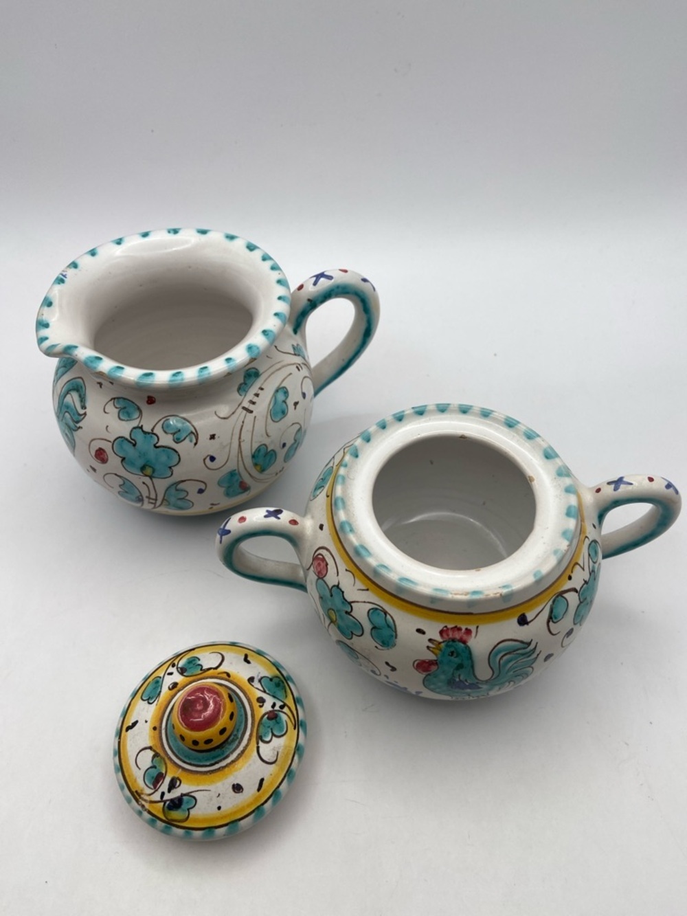 Hand Crafted Deruta Orvieto Rooster Creamer & Sugar Bowl Set Vintage - Picture 5 of 9